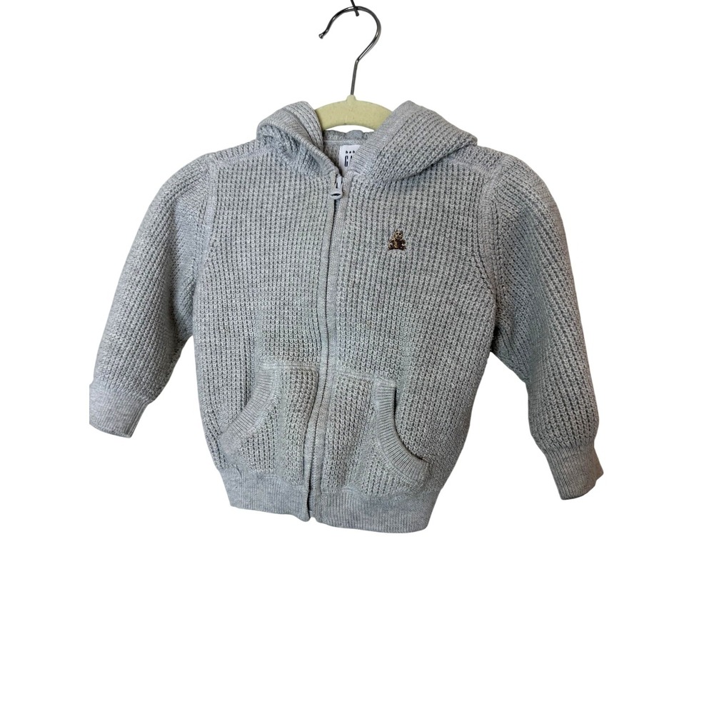 Baby GAP Hooded Sweater Toddler Boys 18-24 Months Gray Full Zip Knit Teddy Bear